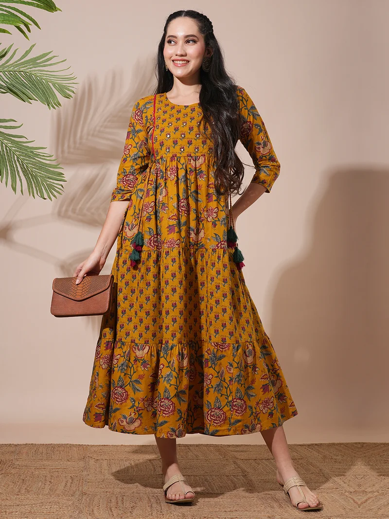 globus Globus Women Floral Printed Abla Work Waist Tie-Up Detailing A-Line Tiered Midi Workwear Dress